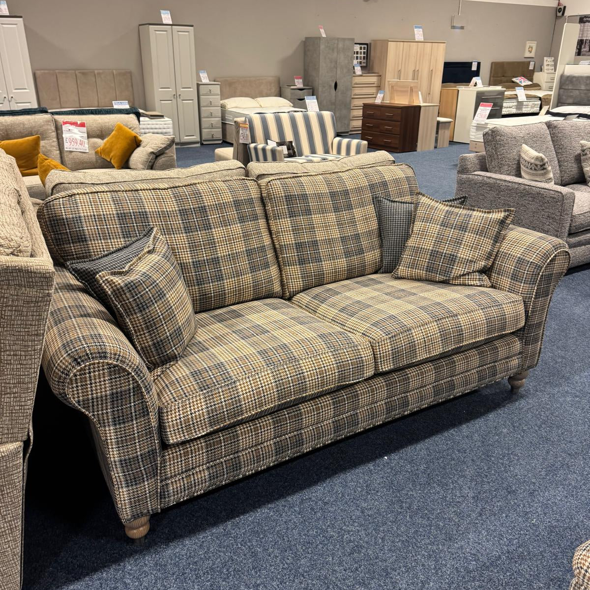Alstons Cleveland 3-Seater Sofa In Sepia Highland Plaid - Part Of Sofa, 2 Armchairs And Footstool Set